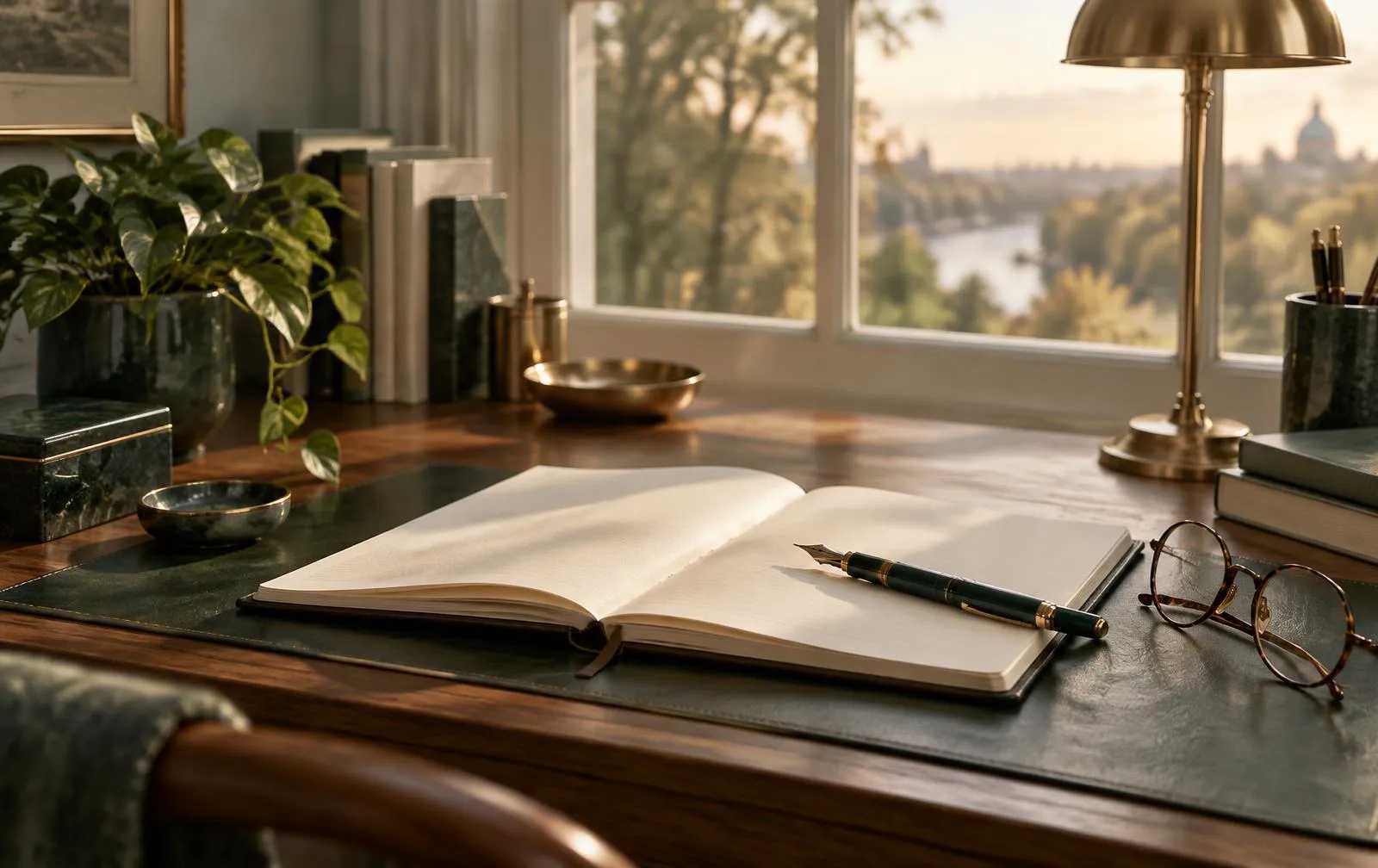 A writing desk with an open notebook, pen and reading glasses in warm window light