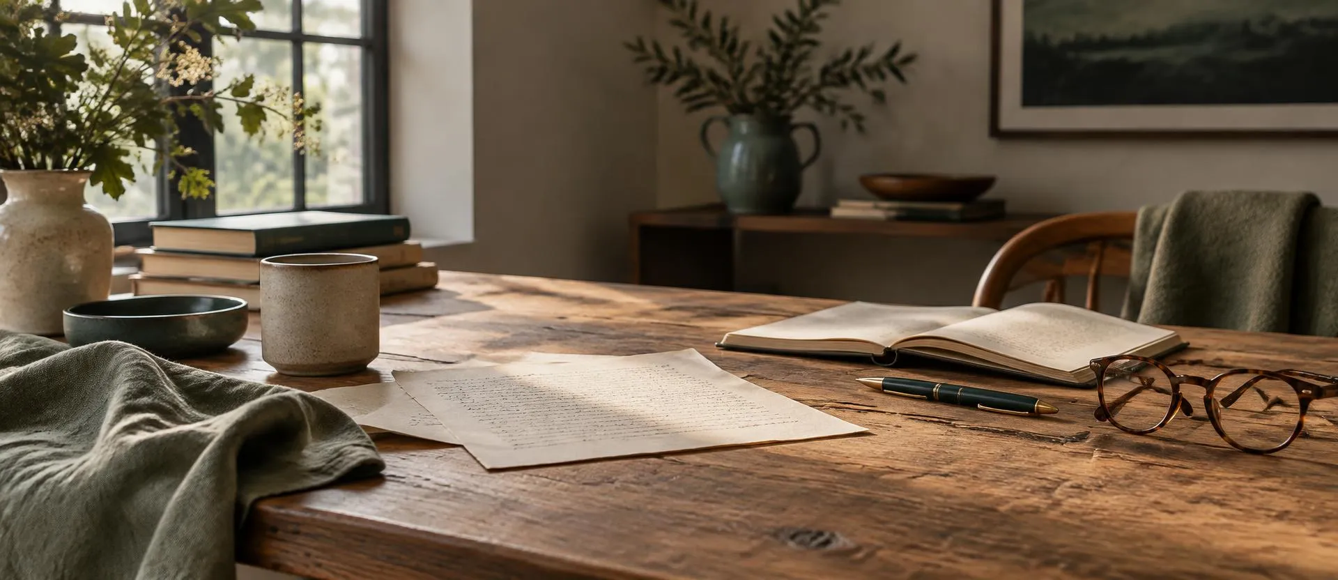 A wooden worktable with handwritten papers, an open notebook, a pen and glasses in soft daylight